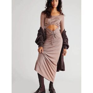 NWT FREE PEOPLE Sz S ONE & ONLY MAXI DRESS RIBBED CUTOUT LONG SLEEVE MAXI
